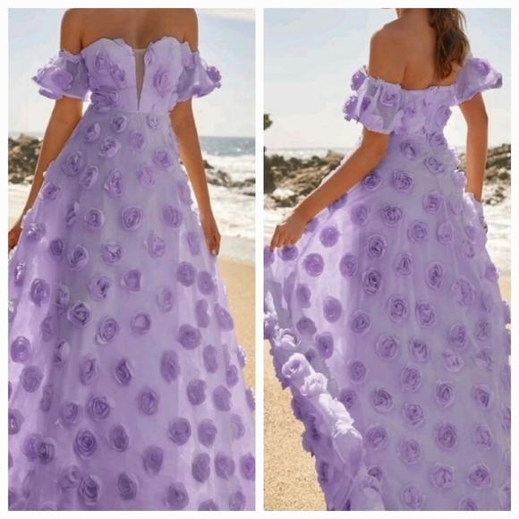 Lilac Purple backless applique off shoulder,  flounce sleeve, mesh maxi … - Picture 1 of 9